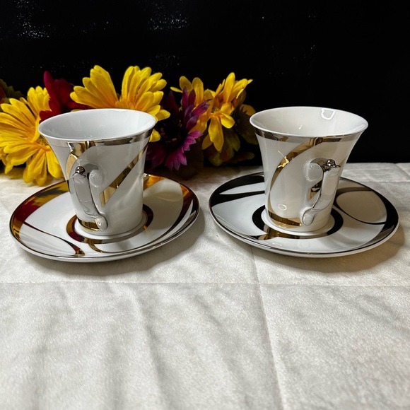 New Beautiful Delicate Gold & Silver Metallic Swirl Tea Set For 2 In A Gift Box - Picture 2 of 16
